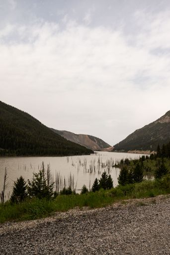 A vertical shot of the Earthquake Lake surrounded by mountains