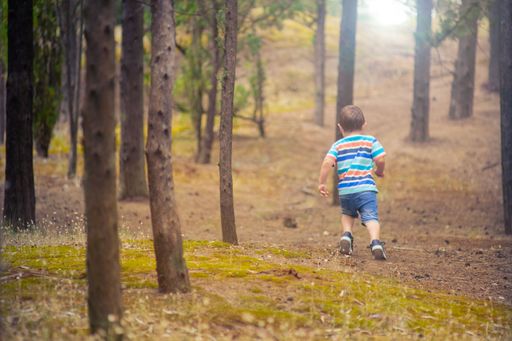A closeup shot of a young boy walking in the forest
