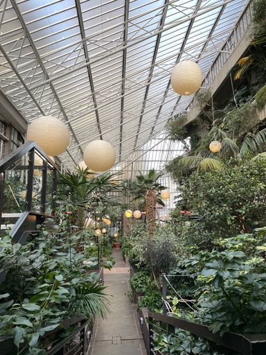A vertical shot of a round lantern light hanging above a fountain with plants in a botanical garden