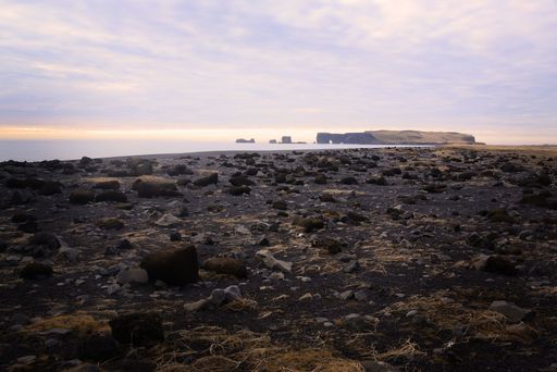 A golden sunset over the rocky cliff in the ocean in Iceland