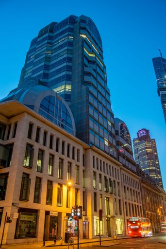 A vertical shot of a modern tall building at dusk, Gracechurch Street, London