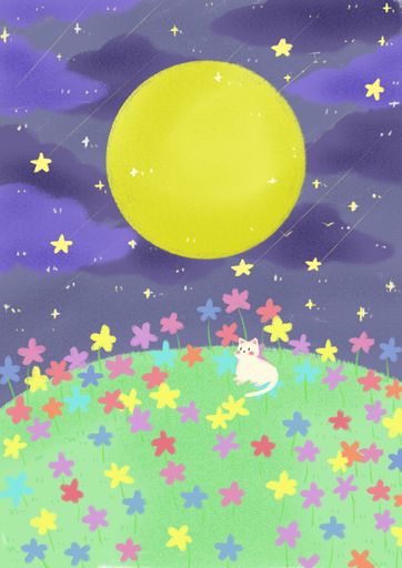 A colorful painting of a cat sitting in the middle of a green field with flowers at night
