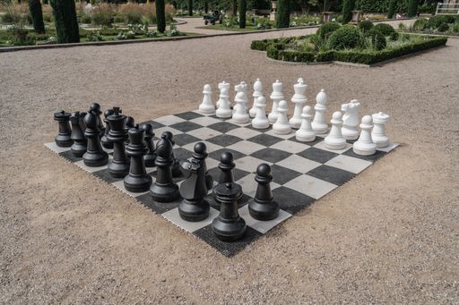 Trentham Gardens black and white chessboard landscape, Staffordshire UK.