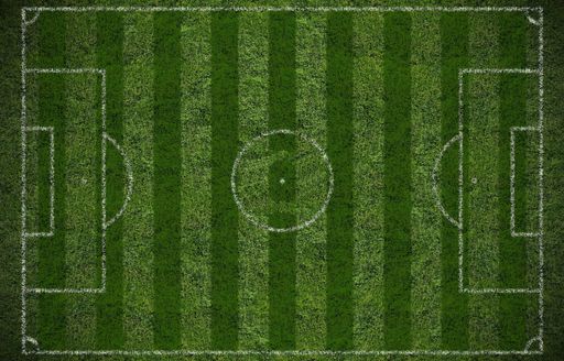 An overhead shot of an empty green soccer field