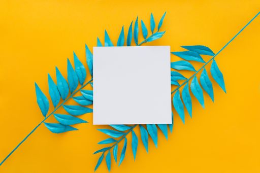 A blank white square paper on decorative blue branches on a yellow background