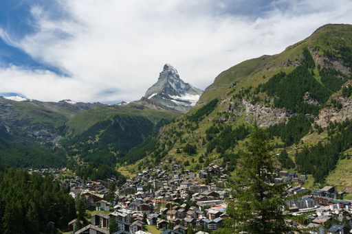 The  view of the Matterhorn mountain over the village of Zermatt, Switzerland