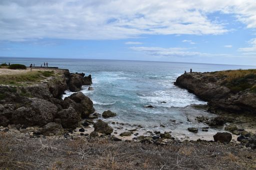 A scenic view of ocean waves crashing against a rocky beach on a cloudy day