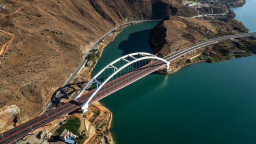 An aerial view of a bridge on the Jinsha River in Lijiang, Yunnan, China