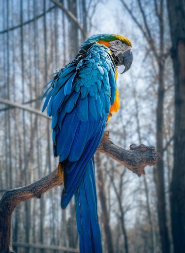 A vertical shot of adorable Macaw perched on a branch