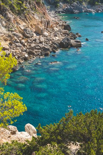 A vertical shot of turquoise water on a rocky Ibiza beach - perfect for wallpaper
