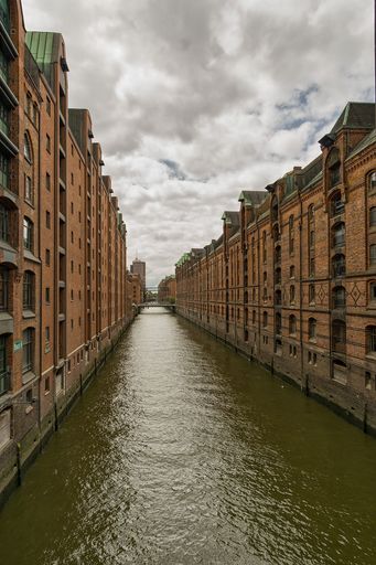 A vertical shot of Speicherstadt, Hamburg, Germany, cloudy day
