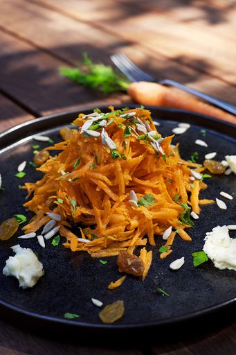 A vertical shot of a Vietnamese salad with carrots