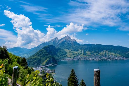 Panoramic view of Lake Lucerne and Mount Pilatus - Stansstad, Switzerland