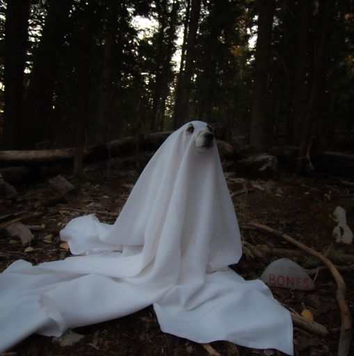 A cute dog in a ghost costume in the woods
