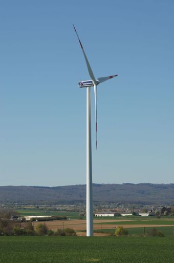 A Mainova wind turbine in Nieder-Erlenbach in the north of Frankfurt. A Vestas V90, 2MW in front of Taunus hills.