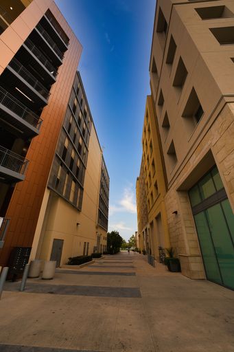 A vertical shot of a narrow path between residential buildings