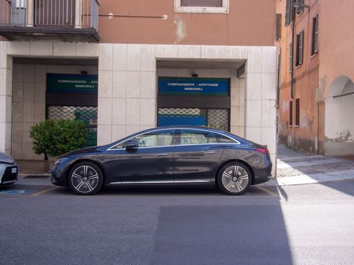 A new EV electric Mercedes Benz EQE 350 plus parked on the street in Cremona, Italy
