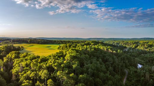 A high angle shot of a landscape with a cultivated land surrounded by forests under a clear sky