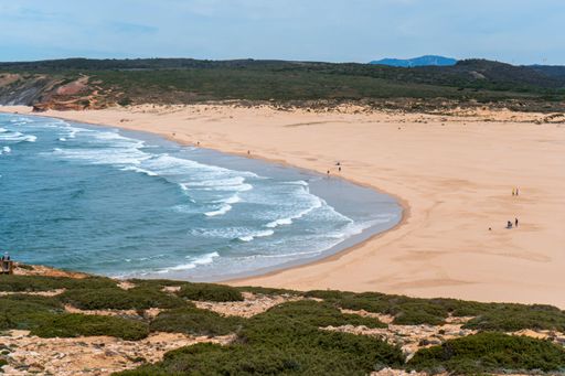 Scenic surf beach Praia da Bordeira with strong waves rolling in at Algarve Coast with lush green plants around and wide sand dunes