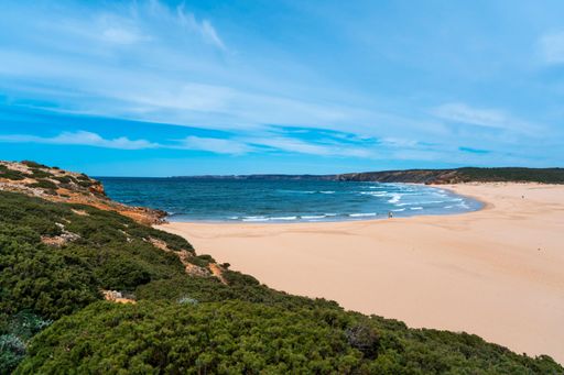 Scenic surf beach Praia da Bordeira with strong waves rolling in at Algarve Coast with lush green plants around and wide sand dunes
