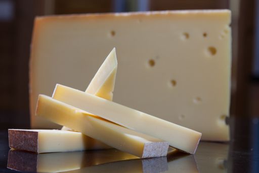 A closeup shot of French Gruyere cheese and baguette bread