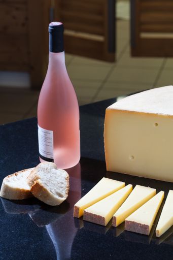 A closeup shot of French Gruyere cheese and baguette bread
