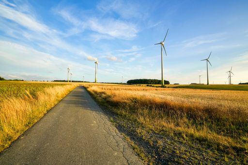 A scenic view of a number of windmills on a field in a rural area in sunny weather
