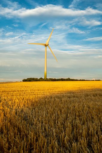 A vertical shot of a windmill on a field in a rural area in sunny weather