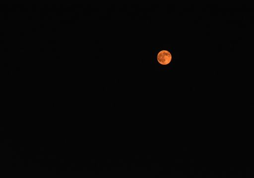 The full moon in bright orange color on a black background