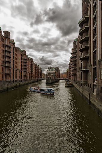 A vertical shot of Speicherstadt, Hamburg, Germany, cloudy day