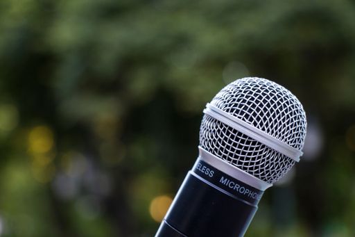 A closeup of a microphone against green trees