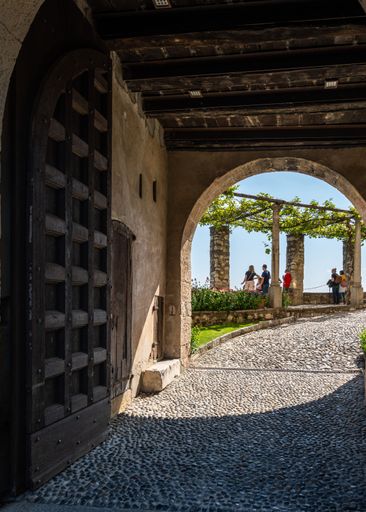 The entrance of Rocca d'Angera, a famous medieval castle on the shores of Lake Maggiore, Lombardy, Italy