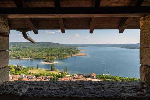 Scenic view of the Lake Maggiore seen from the tower of the Rocca di Angera, Lombardy, Italy