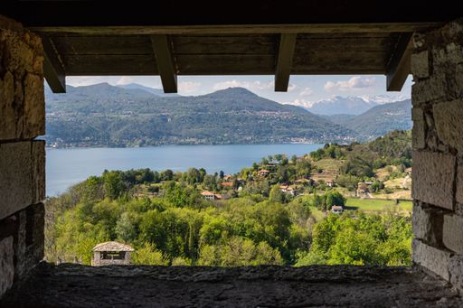 Scenic view of the Lake Maggiore seen from the tower of the Rocca di Angera, Lombardy, Italy