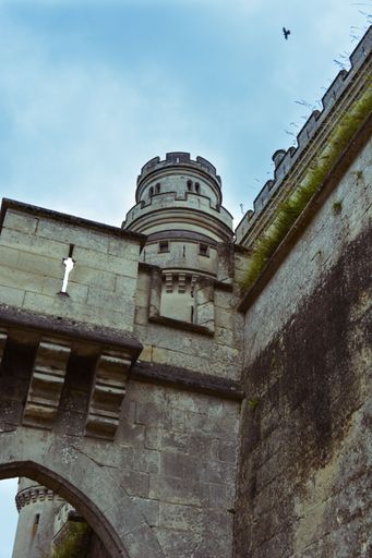 A low angle vertical shot of the towers of chateau castlein france under a cloudy sky