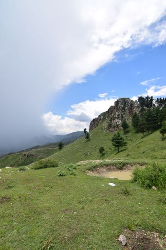 A vertical of a green mountain with trees under a blue cloudy sky.