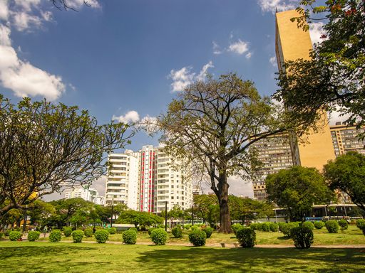 Central panorama of the city of Belo Horizonte. Raul Soares Square. Trees, blue sky and beautiful residential and commercial buildings.