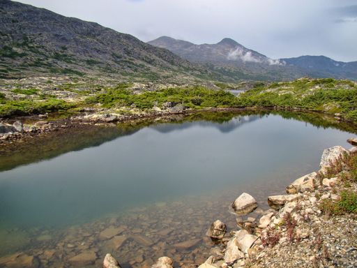 A small pond surrounded by mountains and greenery under a cloudy sky - perfect for wallpapers