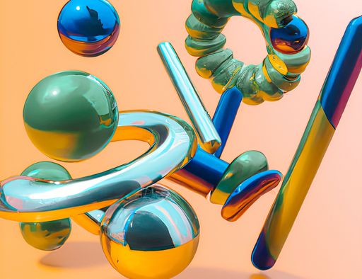 A 3d rendering of different abstract shiny objects.