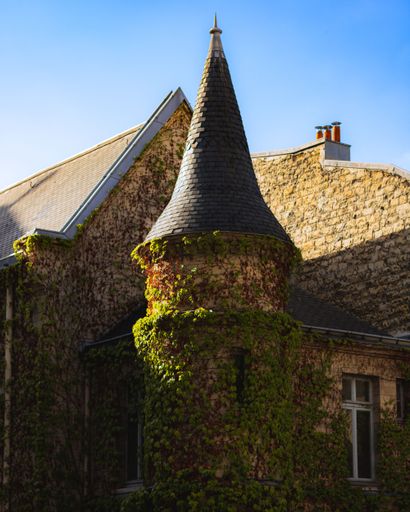 a closeup of a castle covered by plants located in Paris, France