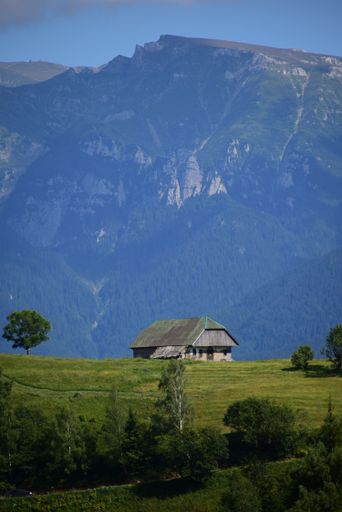 A vertical shot of a rural house surrounded by grass and mountains in the background