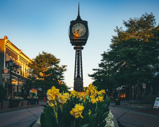 Morning sunrise shot of clocktower at the center of Northville, MI