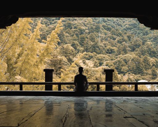 A silhouette of a young male sitting in the balcony of the Hiroshima Castle and looking at the forest mountain