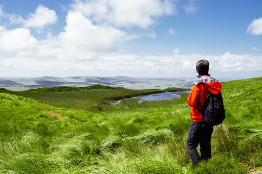 A beautiful shot of a female in an orange jacket admiring the scenery of the lake in a green valley