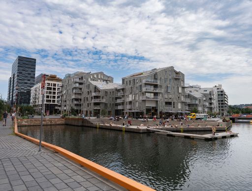 A view of the modern buildings near the canal in the Barcode district, Oslo, Norway