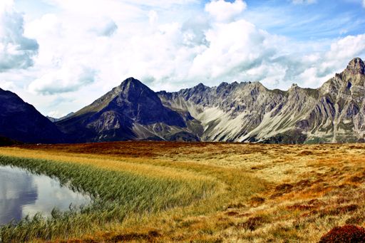 A marvelous view of a yellow valley at the shore of a lake and rocks under the sky in the background