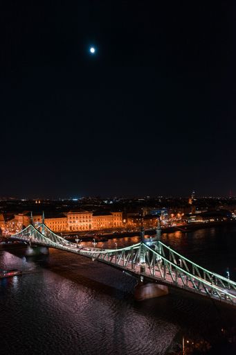 A vertical shot of a bridge over river in Budapest city at night with moon in the sky, Hungary