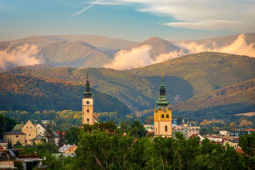 The town of Banska Bystrica surrounded by mountains in central Slovakia