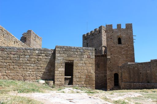 An aerial view of stony building of Loarre Castle in Spain