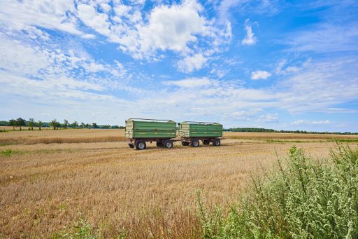 Berlin, Germany - July 28, 2020: Two trailers on a harvested field in the surrounding countryside of Berlin, Germany.